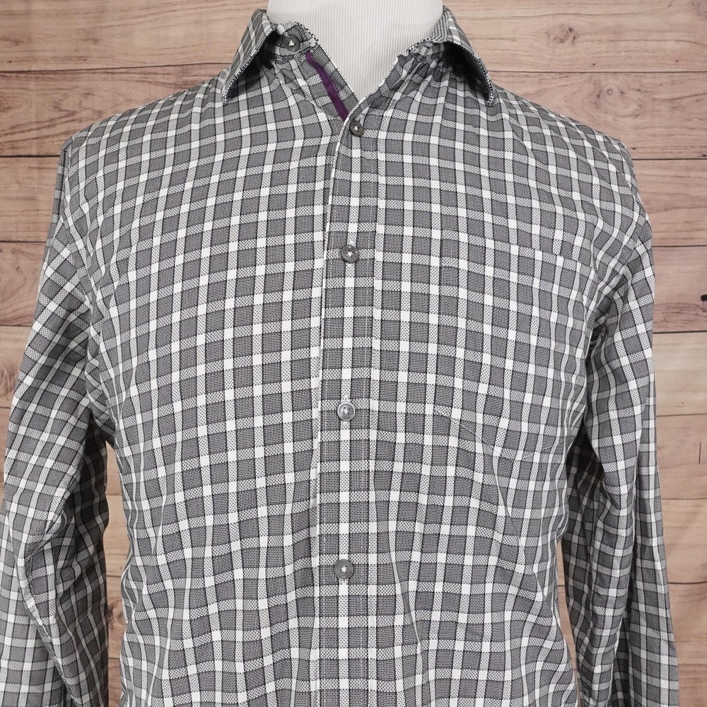 Bugatchi Shirt Mens M Gray Check‎ Long Sleeve Button-Up Classic Fit Cotton Woven